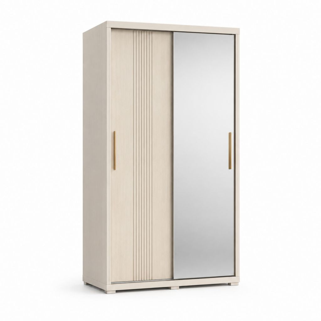 Schwebetürenschrank 2-türig Weiß Eiche hell Spanplatte Spiegelglas Rechteckig 120 x 60 x 200 cm
