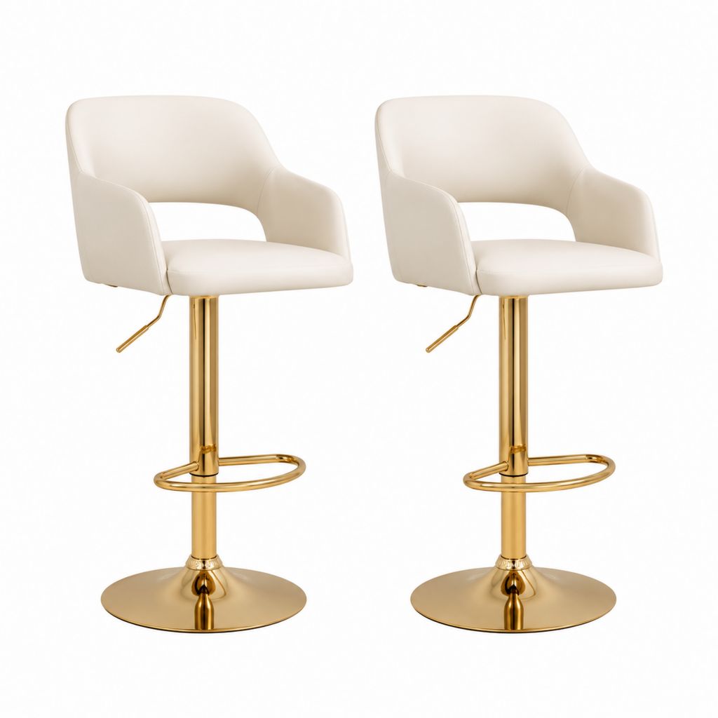 2er Set Barhocker Weiß PU-Kunstleder mit goldfarbenem Stahlgestell höhenverstellbar 50 x 52 x 92-113 cm