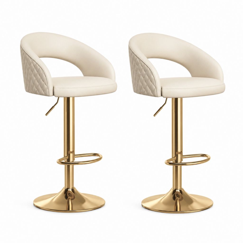 2er Set Barhocker Creme PU-Kunstleder mit Stahlgestell in Gold höhenverstellbar 50 x 52 x 95-116 cm