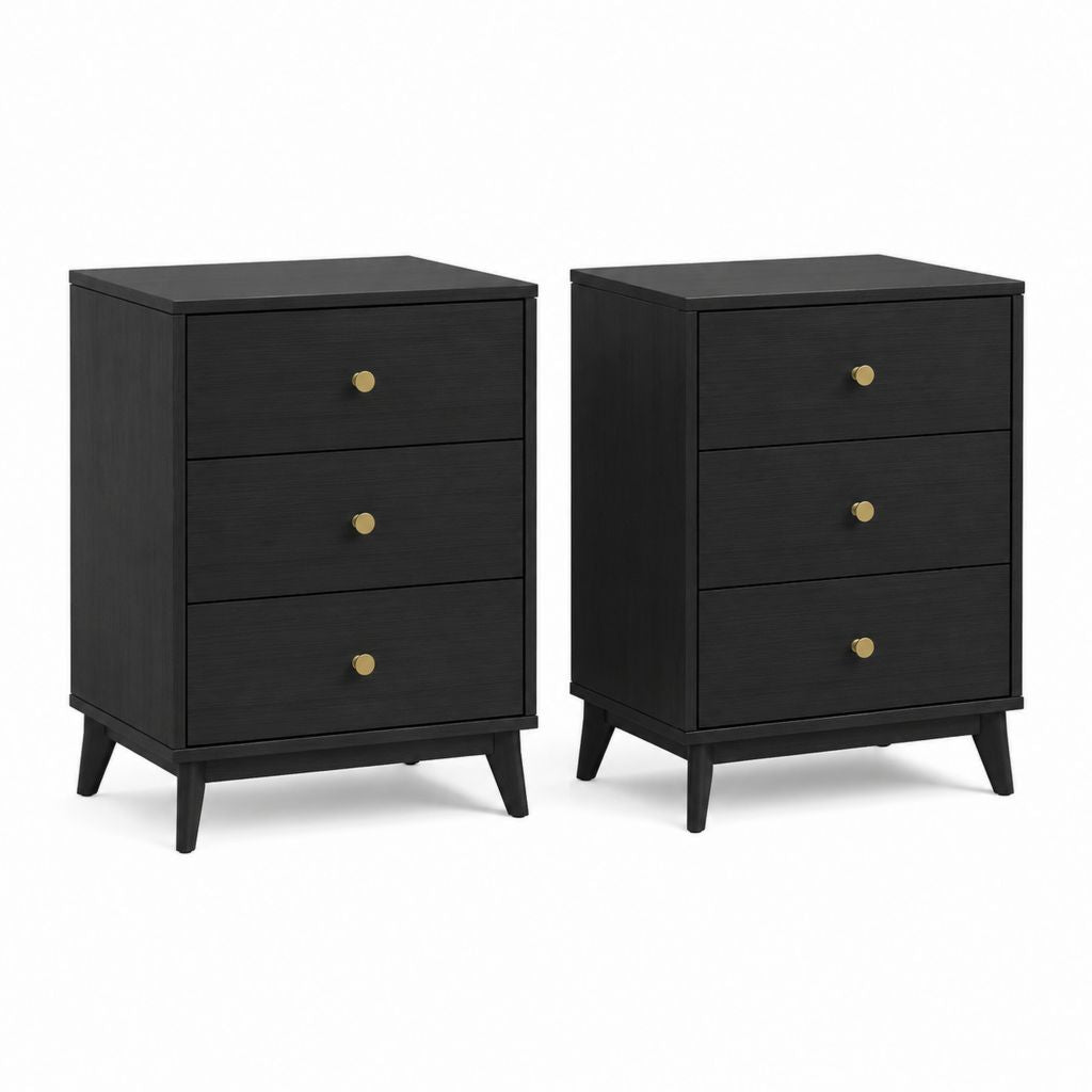 Nachttisch 2er Set Schwarz Spanplatte Rechteckig mit 3 Schubladen 40 x 35 x 60 cm