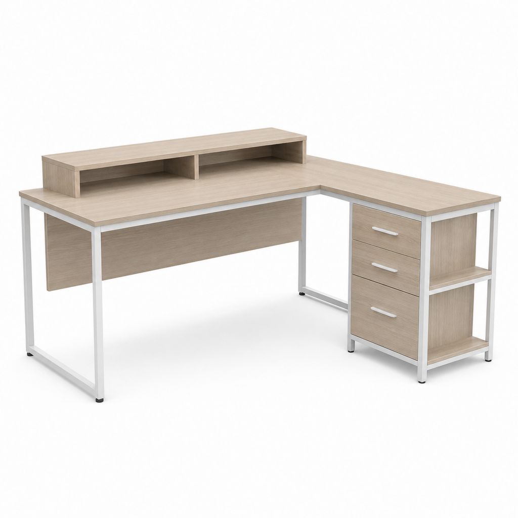 L-Schreibtisch mit 3 Schubladen und Aufsatzregal Eichenoptik Weiß 150 x 120 x 75 cm