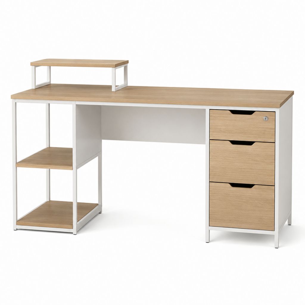 Schreibtisch mit 3 Schubladen und Ablage Weiß Eicheoptik Spanplatte Stahl 120 x 60 x 89 cm