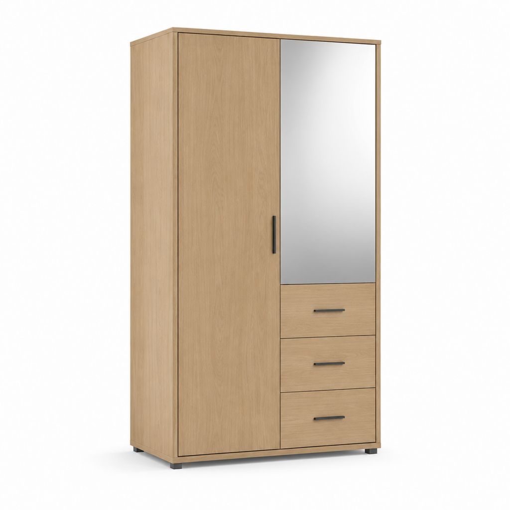 Kleiderschrank mit Spiegel 2 Türen 3 Schubladen Eiche Dekor Holzwerkstoff rechteckig 100 x 55 x 200 cm