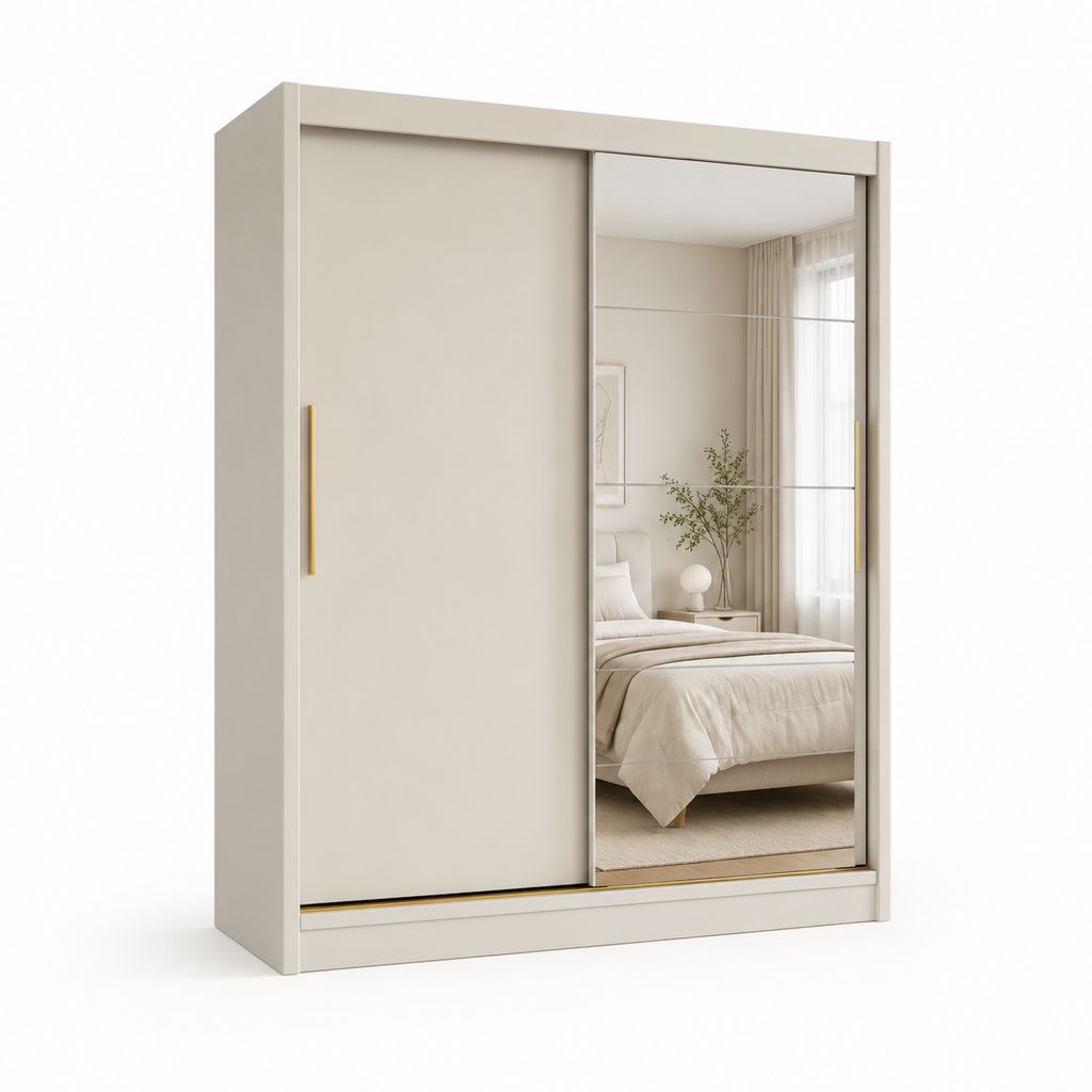 Schwebetürenschrank Creme Spanplatte mit Spiegel 120 x 200 x 60 cm