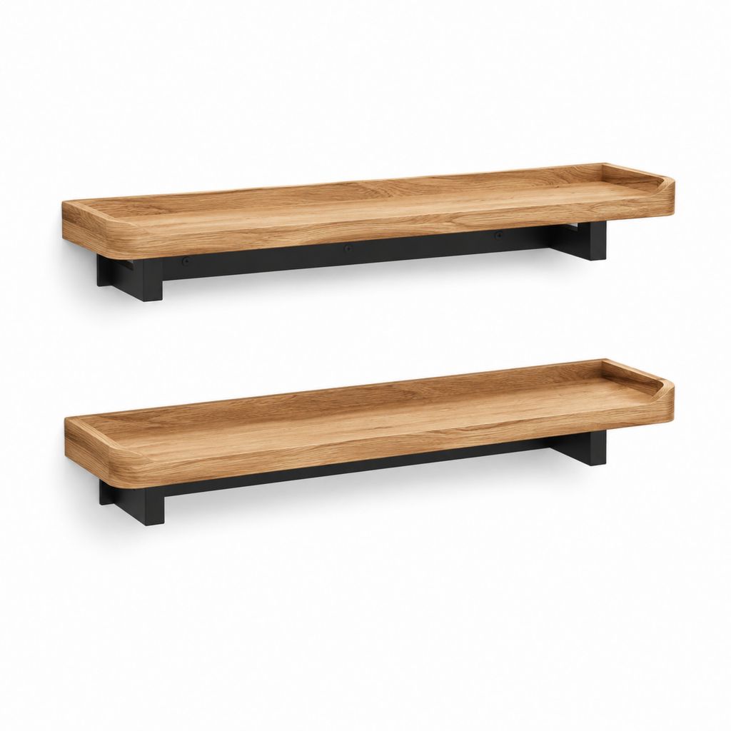 2er Set Wandregale Eichefarben mit schwarzen Stahlhaltern 60 x 15 x 10 cm